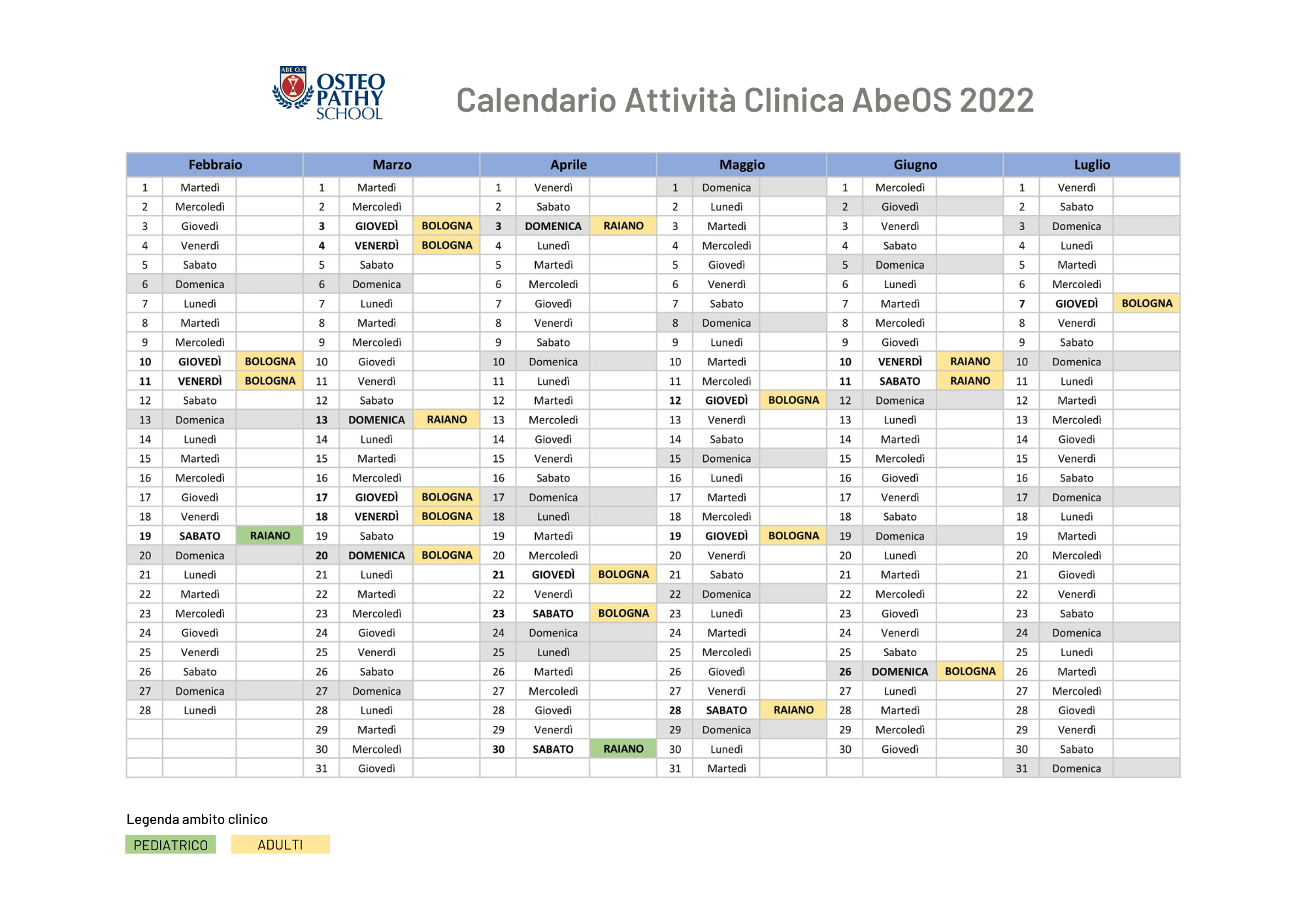 Calendario Attività Clinica AbeOS 2022